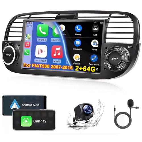 for Fiat 500 Stereo 2007-2015 Car Stereo with CarPlay & Android Auto 7 Inch IPS 2+64G with Mic Backup Camera GPS/WiFi/FM/USB/Mirror Link