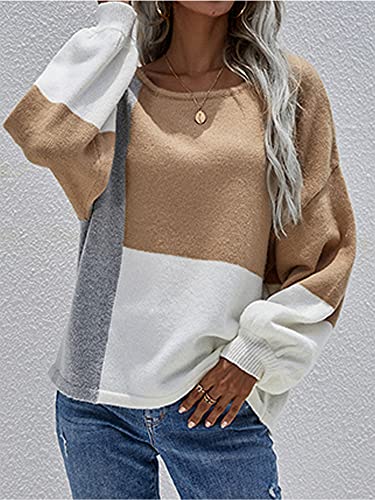Image of ECOWISH Women Sweater Long Sleeve Color Block Knit Pullover Sweaters Crew Neck Patchwork Casual Loose Jumper Tops