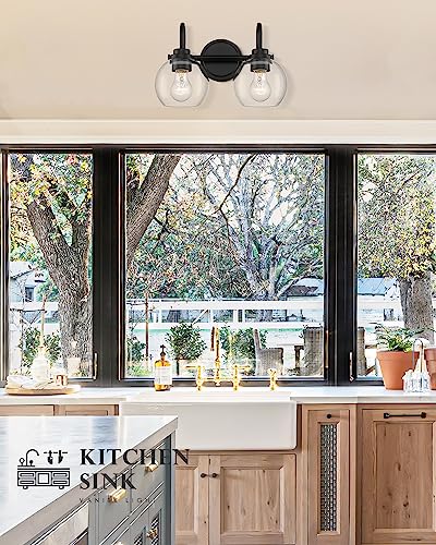 Image of 2-Light Bathroom Vanity Light Over Mirror, Matte Black Vanity Light with Clear Glass Shade, Bathroom Light Fixtures Wall Mount for Powder Room Bath, AD-22280-2W-BK