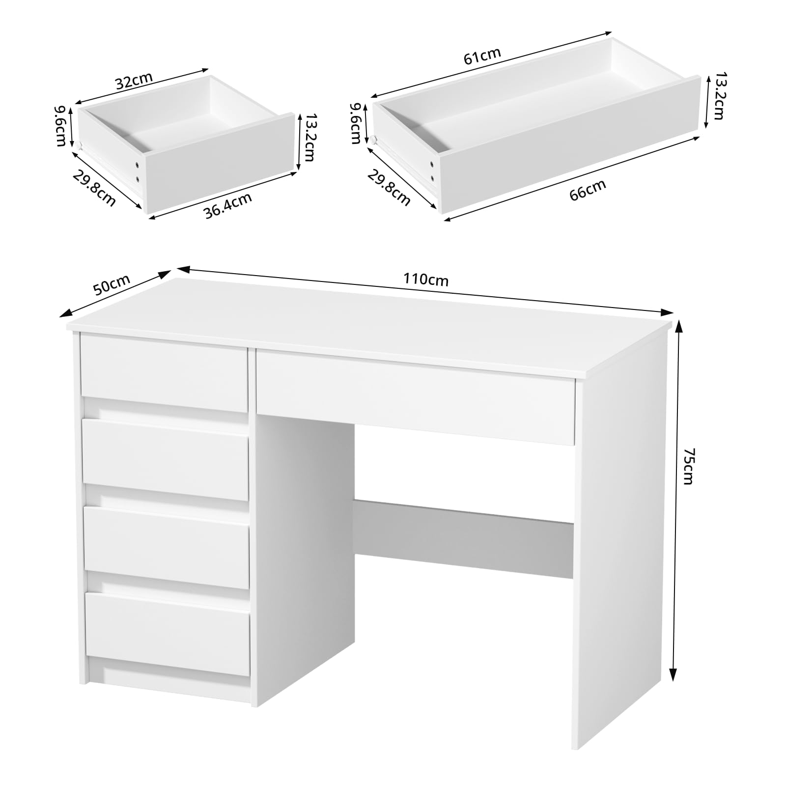 VOWNER Schreibtisch mit 5 Schubladen, Schreibtisch Computertisch mit Stauraum, PC Tisch für Jugendzimmer Schlafzimmer | Arbeitstisch,110x50x75 cm (Weiß)