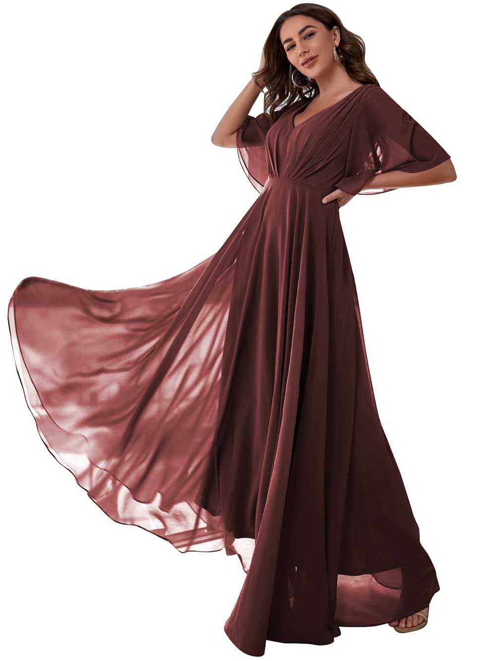 GenericBridesmaid Dresses Chiffon Long V Neck Short Sleeves Evening Dresses Party Gowns for Wedding