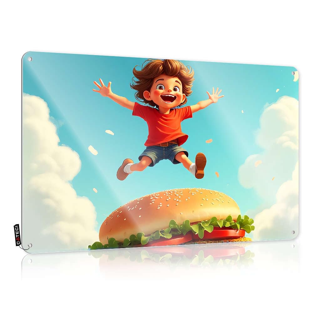 Tapestry Small Wall Art - A Child Jumps Joyfully Over A Giant Burger In The Sky. Rustic Wall Art Gift For Mom Easy Hang For Club(20X30CM)