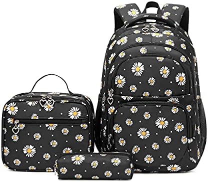 EKUIZAI 3Pcs Daisy Prints Backpack for Girls Bookbag set Primary School Daypack Elementary Students Knapsack with Lunch Box