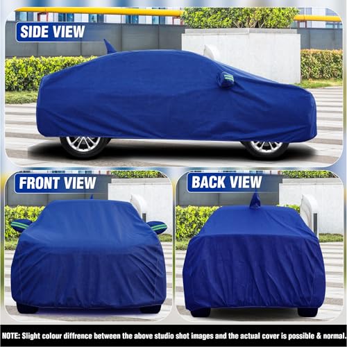 Image of 100% Waterproof 'BlueMax' Car Body Cover for Maruti Suzuki Baleno (2015-2021) Mirror Pocket, Heat & UV Protection, Triple Stitched, Soft Lining, Full Bottom Elastic Reflective Radium (Blue)