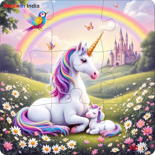 Image of Fiddlys Single Layered Wooden Jigsaw Puzzle Games for Children & Kids - 9 Pieces Age 3 4 5 6 Years Old Girls & Boys Animals Jigsaw Puzzle (Pack of 4 Unicorn & Princess)