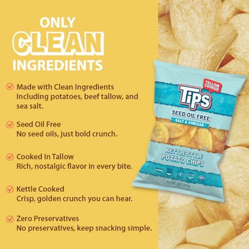 Image of TIPS Potato Chips - Snack Pack - Tallow Cooked - Seed Oil Free & Gluten Free - Kettle Style Potato Chips Made with Potatoes, Beef Tallow, and Sea Salt (5oz 4 Pack, Salt & Vinegar)