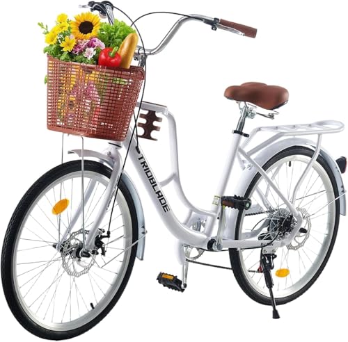 TRIOBLADE 2426 Vintage Ladies Bike with Basket 7 Speed Hybrid City Bike for Women Dual Disc Brakes Basket Rear Rack Lightweight Commuter bike Retro Bicycle White Urban Bike (24 inch)