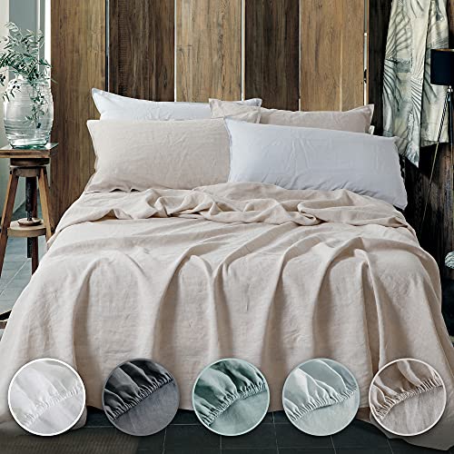 EVERLY Linen Queen Sheets Set, 100% Stonewashed French Linen Bed Sheets Deep Pocket Sheets, 4 Pieces (1 Flat Sheet, 1 Fitted Sheet, 2 Pillowcases) Natural Flax Bedding Set, Linen
