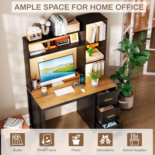 Image of LVSOMT 40 inch Home Office Desk with Hutch and Drawers, Computer Desk with Power Outlets and LED Light, Study Writing Gaming Table with Storage Shelves, Workstation for Bedroom, Black