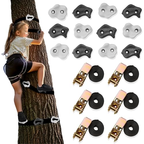 HyperMotion HYP23 - Klettergriff-Set für Kinder mit 12 Steckern und 6 Gurten - Komplettset für Bäume mit Ratschen - Sensorische Aktivität im Freien - Belastbar bis 91 kg