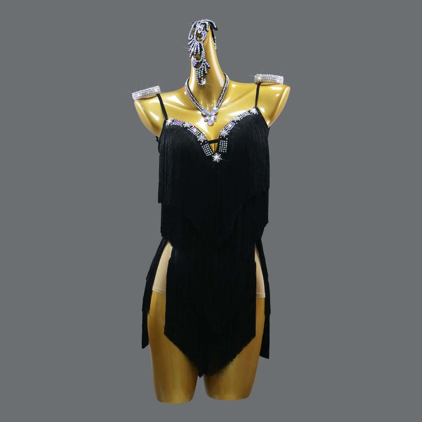 Damen Fransen Latein-Tanzkleid Glitzernde Strasssteine Spaghettiträger Salsa Tango Cha-Cha Tanzkostüm Set