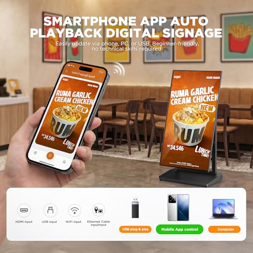 Image of 43 Inch Digital Signage Display, 4K 800 Nits UHD Full Screen LCD Advertising Kiosk, Portable Floor Standing Auto AD Player Android14 App-Based Control with USB /HDMI /WiFi
