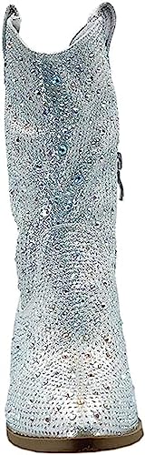 Forever Girls/Kids Rhinestone Western Cowgirl Cowboy Pointed Toe Low Heel Boots River-11K Silver 14