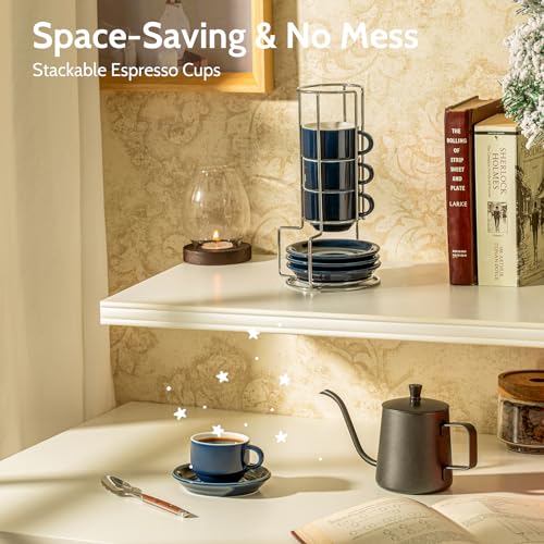 Image of Sweese 4 Ounce Porcelain Stackable Espresso Cups with Saucers and Metal Stand Set of 4, Navy