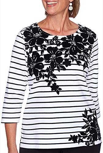 Alfred Dunner Plus Modern Living Floral Yoke Striped Top 1X Black/White