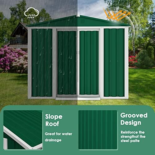Crownland Backyard Garden Storage Shed 4 x 6 Feet Tool House with Sliding  Door Outdoor Lawn Steel Roof Style Sheds, Green