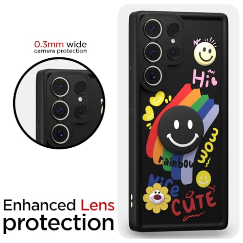 Image of Pikkme Back Cover for Samsung Galaxy S23 Ultra 5G | Soft Silicone| Cute Rainbow Smile & 3D Cartoon Flower Design | Shockproof Raised Camera Protection Bumper Case (Black)