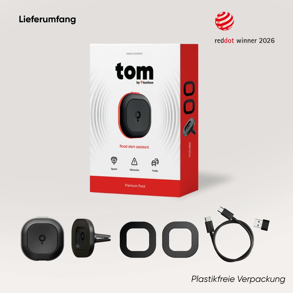 TomTom Verkehrsalarm Blitzerwarner für Auto – Warnt vor festen & mobilen Blitzern, Staus | Ohne ABO | CarPlay & Android Auto | Made in Europe | Tom by TT Premium Pack