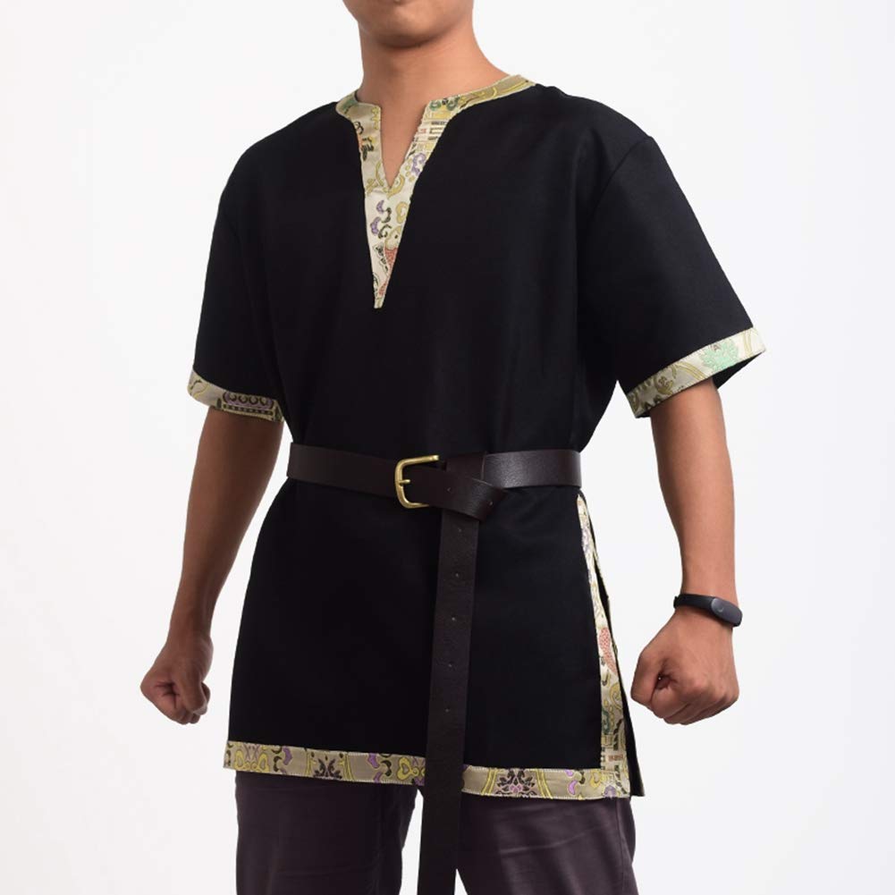 BLESSUME Tunica Medievale Camicia Vichingo Cavaliere Costume con Cintura (2XL, Nero)