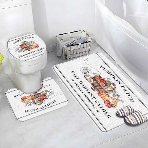 AYDSMYD 3 Piece Pumpkin Bath Mat Fall Thanksgiving Harvest Gather Rustic Sweet Farmhouse Bathroom Bathtub Floor Rugs Absorbent Doormat Toilet Decor