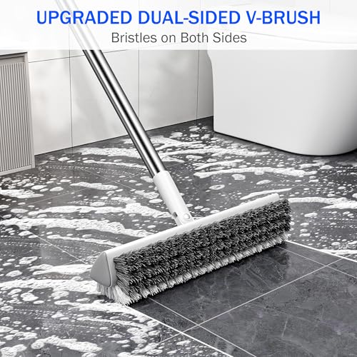 Image of Grout Brush with Long Heavy Duty Handle, 180 Swivel Floor Scrub Brush, V-Shaped Grout Line Scrubber with Stiff Bristles, Cleaning Brush for Deep Cleaning Tile Grout, Shower, Kitchen, and Concrete