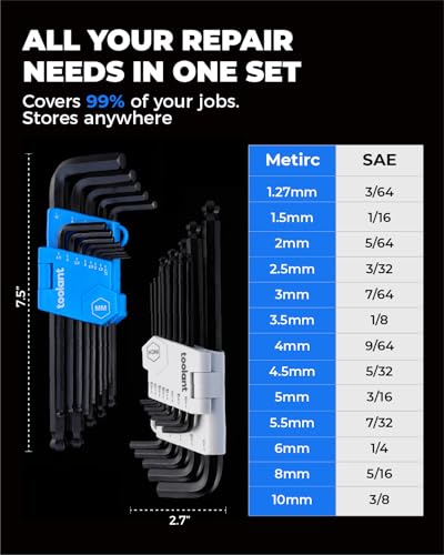 Image of toolant Allen Wrenches Sets 26pcs(Metric&SAE), Long Arm Allen Wrench with Ball End, Metric Hex Key Set 1.27mm- 10mm, SAE Hex Key Set 3 /64 inch- 3 /8 inch, Holder Design for Auto Maintenance and DIY Projects