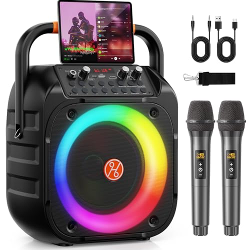 HUALIAN Karaoke Machine for Adults, Portable Bluetooth Karaoke with 2 Wireless Microphones, Echo Adjustment, LED Lights, PA System Karaoke Speaker Support TV/REC/AUX/USB/TF Card (6.5
