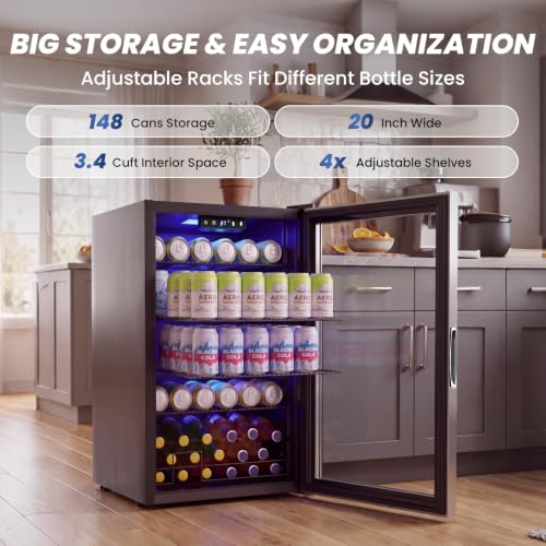 Image of 20 inch Beverage Refrigerator Cooler, 3.4 Cu. Ft. Drink Fridge with Glass Door