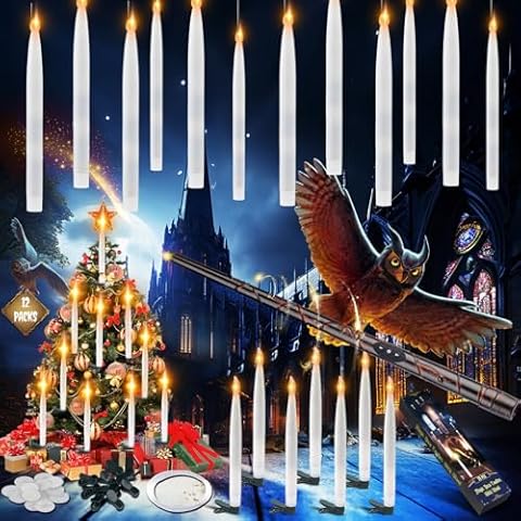 Christmas Tree Candles, 12 Pcs 8-inch Floating Candles with Wand Remote, Flickering Warm Light Battery Operated LED Hanging Candles with DIY Line & Clips for Christmas Decor Indoor Outdoor Party Cover