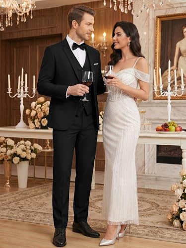 Image of WEEN CHARM Men's 3-Piece Slim Fit Suit Set-2-Button Blazer,Vest & Pants-Formal Wedding,Prom,Party & Business Tuxedo
