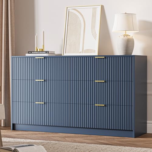 Image of MAISONARIA 6 Drawer Dresser for Bedroom, 55 inch Wide Modern Chest of Drawers with Gold Metal Handles, Fluted Wood TV Stand for Living Room, Hallway(Navy Blue)