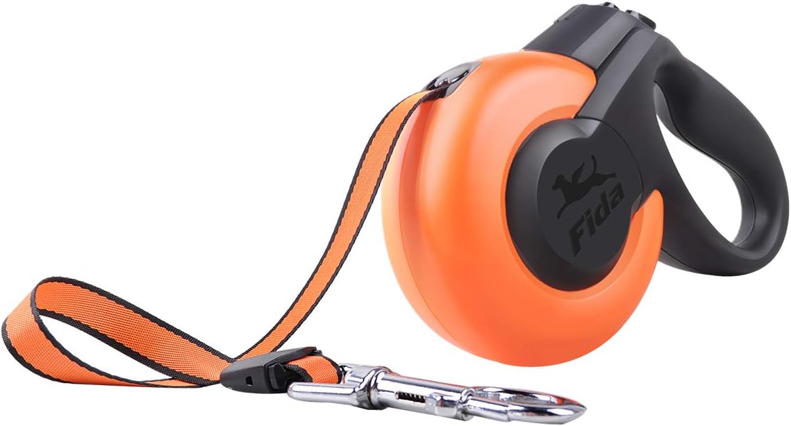 Fida Retractable Dog Leash, Heavy Duty Retracting Pet Leash with 10 ft Strong Nylon Tape/Ribbon for X-Small/Small Dog or Cat up to 26 lbs, Tangle Free, One-Hand Brake, Orange (Mars Series)
