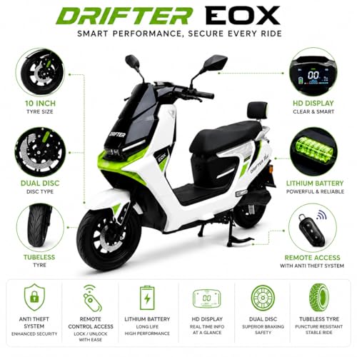 Image of EOX DRIFTER Electric Scooter for Adults | 48V Removable Lithium Battery | 50-70 km Long-Range Ride | Lightweight Non-RTO E-Scooter | 180 Kgs Weight Capacity (POLAR WHITE)