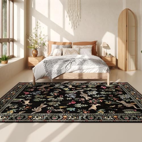 Living Room Rug 5x7 Rug Machine Washable Boho Area Rug Non Slip Floral Animal Vintage Low Pile Large Rugs for Living Room, Bedroom, Farmhouse, Dining Room, Kids Playroom (Black)