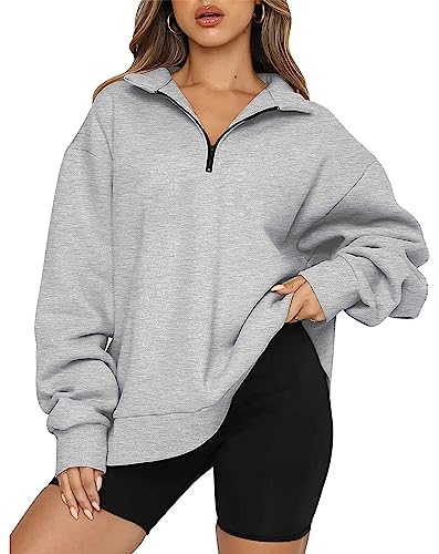 Timuspo Women's Half Zip Oversized Sweatshirt Fleece Quarter Zip Up Pullover Sweatshirts Winter Clothes Teen Girls Y2K Top Grey