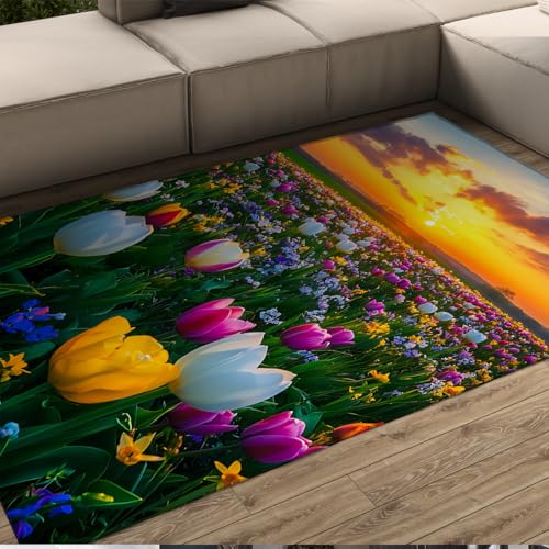 Tapis paysages naturels tulipes 80x150cm paillasson lavable antidérapant de chambre - 3