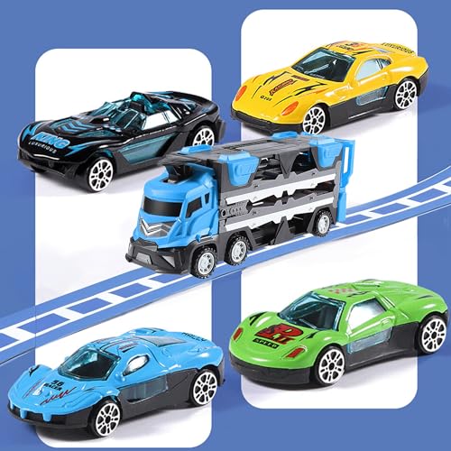 Image of Kidology Car Carrier Truck Toy Set - Mega Hauler Race Track with Ejection - 4 Mini Racing Cars - Folding Storage Truck Toy for Kids - Boys & Girls Toy for 3+ Years Old (Mega Hauler Truck - Blue)