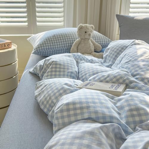 Image of VM VOUGEMARKET Blue White Gingham Duvet Cover Set,Soft Washed Cotton Bedding Set,Minimalist Plaid Bed Set with Pillowcases,Cozy Bedroom & Dorm Decor,King Size