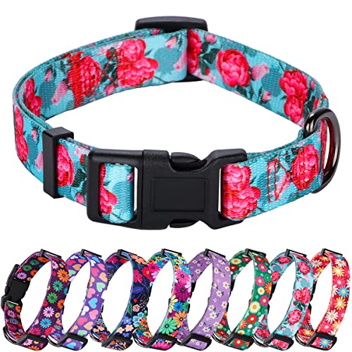 Rhea Rose Girl Dog Collars Summer Floral Rose Print, Female Flower Collar, Turquoise, Large, A7_Turquoise Rose