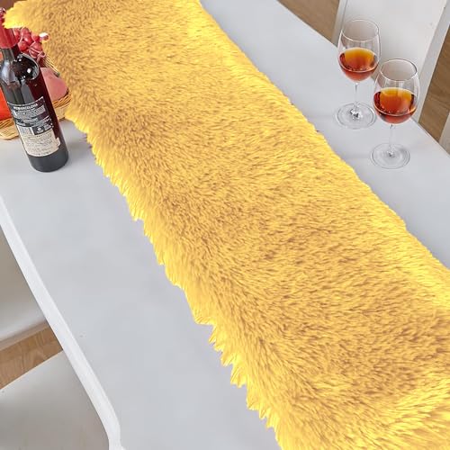 Catchyx Cart Table Runner, Fur Dinning Table Decoration for Winter Home Holiday Party, Dresser, Birthday, Xmas, Thanksgiving, Wedding Table Decor Runners (Yellow)