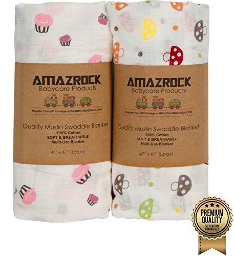 Amazrock Baby Muslin Swaddle Blanket - Soft 100% Cotton | 2 Large Baby Swaddle Blankets for Quality Comfort & Sleep | Baby Receiving & Swaddling Blankets (Fun Pink (100% Cotton))