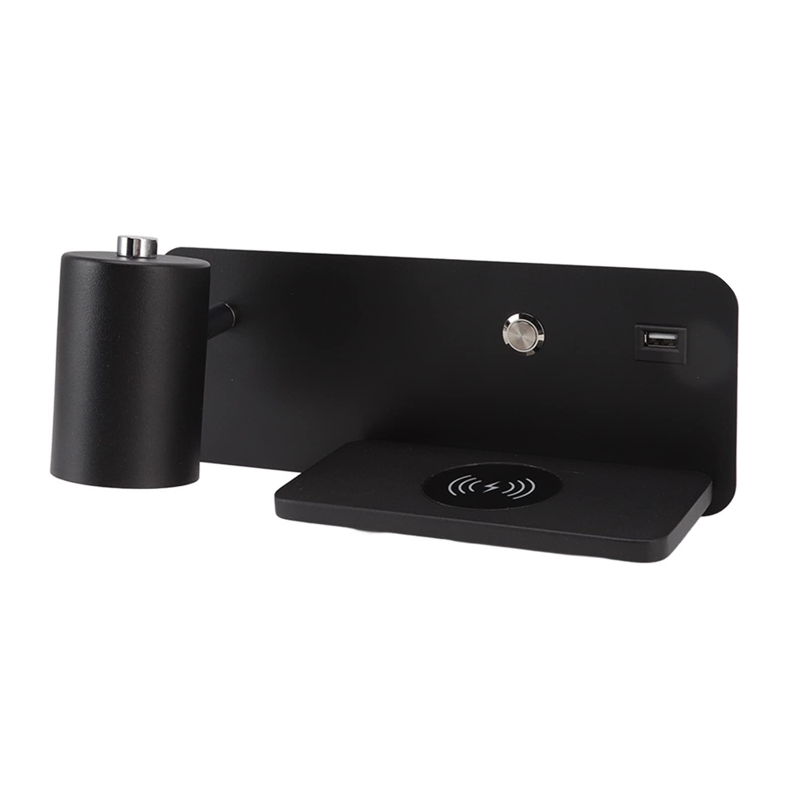 Kinkiet ścienny, 330° Plus 150° Regulowany Kinkiet USB do ładowania Bezprzewodowego Prosty Stylowy Kinkiet LED z płaską półką ładującą do Sypialni, Biura, Przy łóżku (Czarna Lewica)
