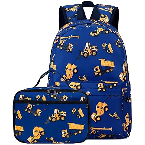 CAMTOP Backpack for Kids, Boys Preschool Backpack with Lunch Box Toddler Kindergarten School Bookbag Set, Y0110-2 Engineering Vehicle-navy Blue, 15"(L)x11.8"(H)*5.1"(W), School Bookbag Set Cover