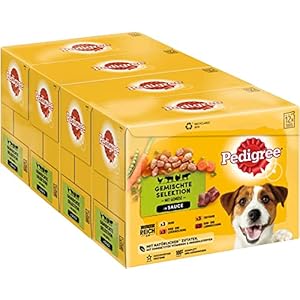 PEDIGREE Bolsa de porciones Multipack Adult 4 variedades en Salsa con Pollo, Carne de Vacuna+hígado, Pavo, Carne de Vacuno+Cordero 4 x 12 x 100 g