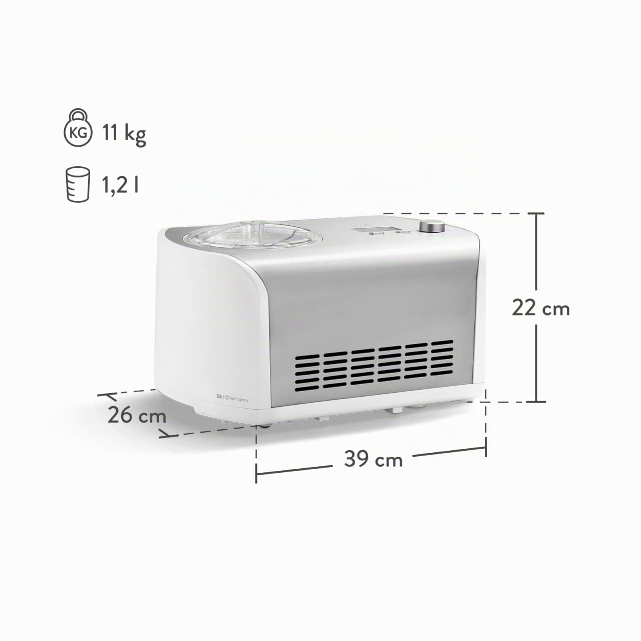 SPRINGLANE Eismaschine Elli 1,2 L mit selbstkühlendem Kompressor 135 W inkl. Aufbewahrungsbehälter 2er-Set, Eiscrememaschine aus Edelstahl mit entnehmbarem Eisbehälter, inkl. Rezeptheft
