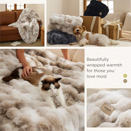 Bedsure GentleSoft Fluffy Faux Fur Blanket Twin Size, Fuzzy Soft Bubble Blanket for Couch, Faux Fur Decor for Home Bedroom Living Room, Thick Furry Cozy Gifts for Women, Tie-dye Taupe, 60x80 Inch