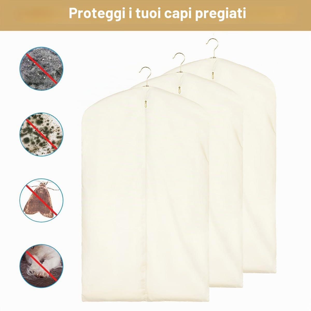 Custodie per Abiti in Cotone, Copriabiti Antipolvere, 3 Pezzi Di Custodia Porta Abiti Traspiranti Con Cerniera in Metallo, Copri Abiti Da Armadio per Pellicce, Visoni 100×58cm, Piatto