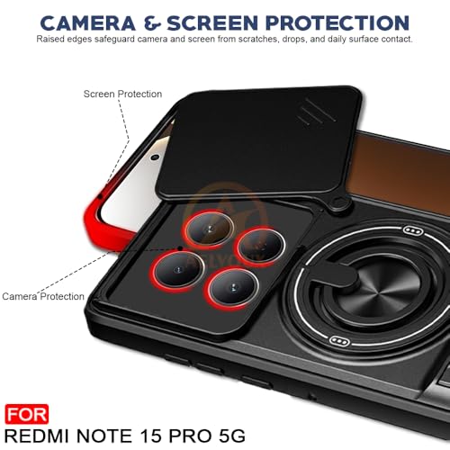 Image of Redmi Note 15 Pro 5G Back Cover | Armor Camera Slider 360 Degree Rotating Finger Ring Holder Case with Bracket Stand Back Case Cover (Compatible with MagSafe Accessories) (Black)