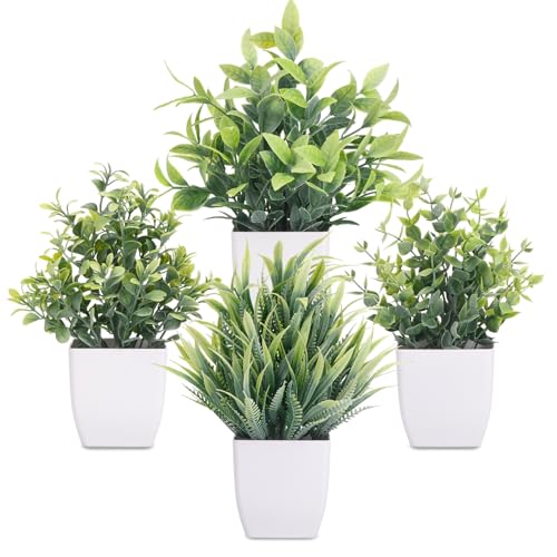 CEWOR Fake Plants 4 Packs Small Artificial Greenery Mini White Potted Plants Bathroom Accessories Decorations for Desk Bathroom Office Home Room Kitchen Table Indoor
