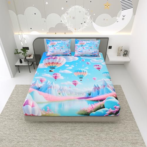 Image of Dream Weaverz 7D Bedsheet for Double Bed King Size with 2 Pillow Covers | Digital Printed & Fitted Elastic for Kids | Soft Glaze Cotton Feel | Fits Upto 12 Inch Mattress (Air Ballon)
